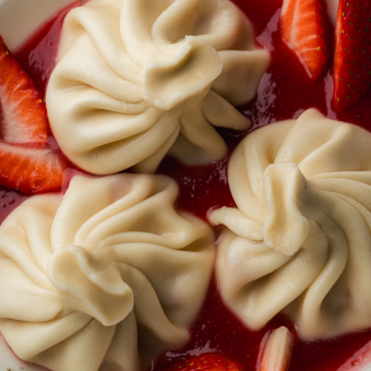 Khinkali with vanilla cream and strawberry kulie 3pcs